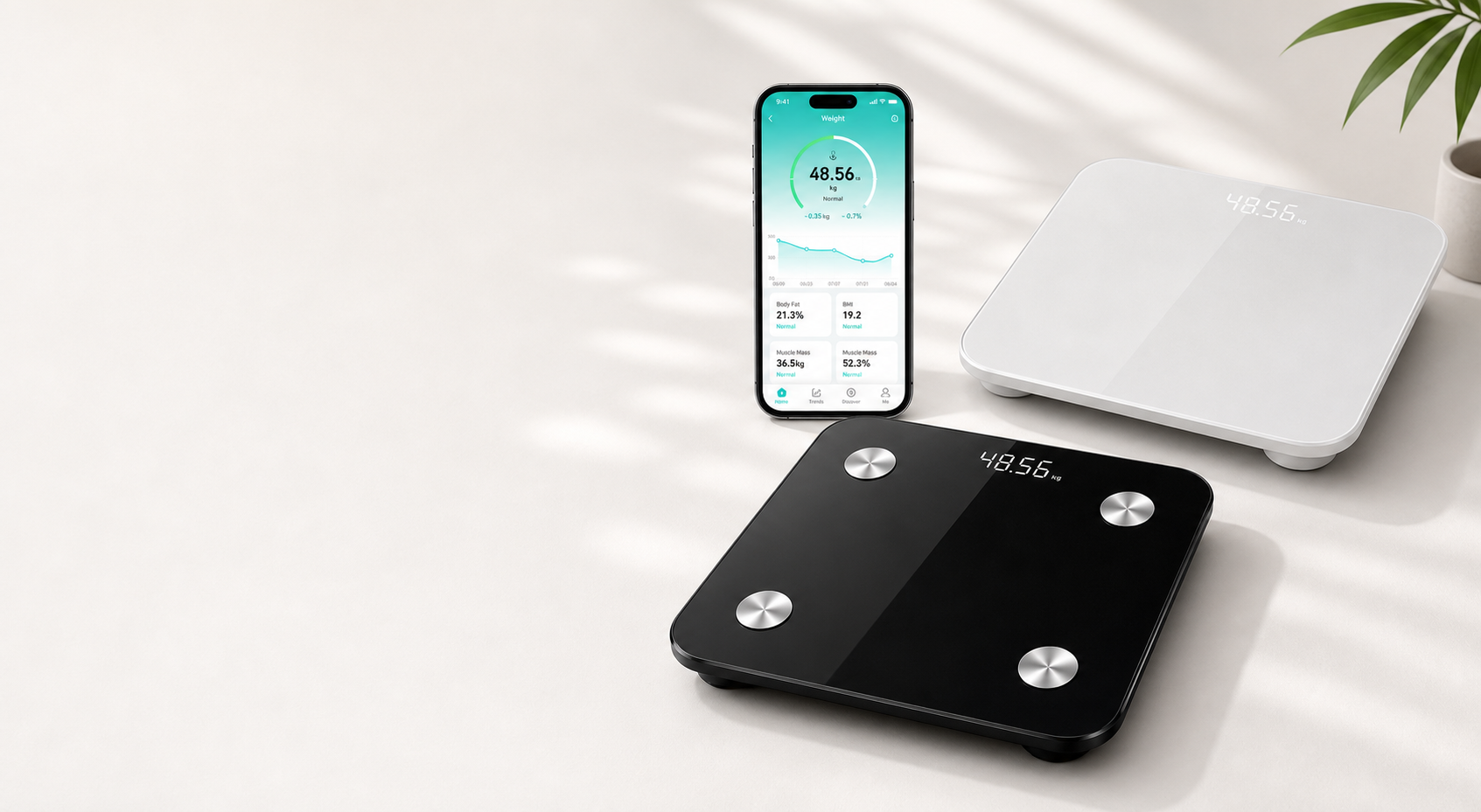 Smart body fat scale, digital weight scale, and mobile app product image for OEM and ODM programs